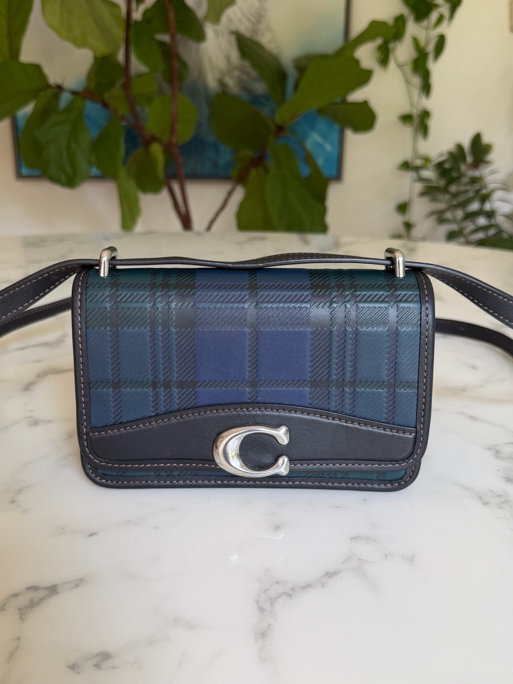 Coach Bandit Leather Crossbody Shoulder Bag With Blue Green Plaid Print CG178